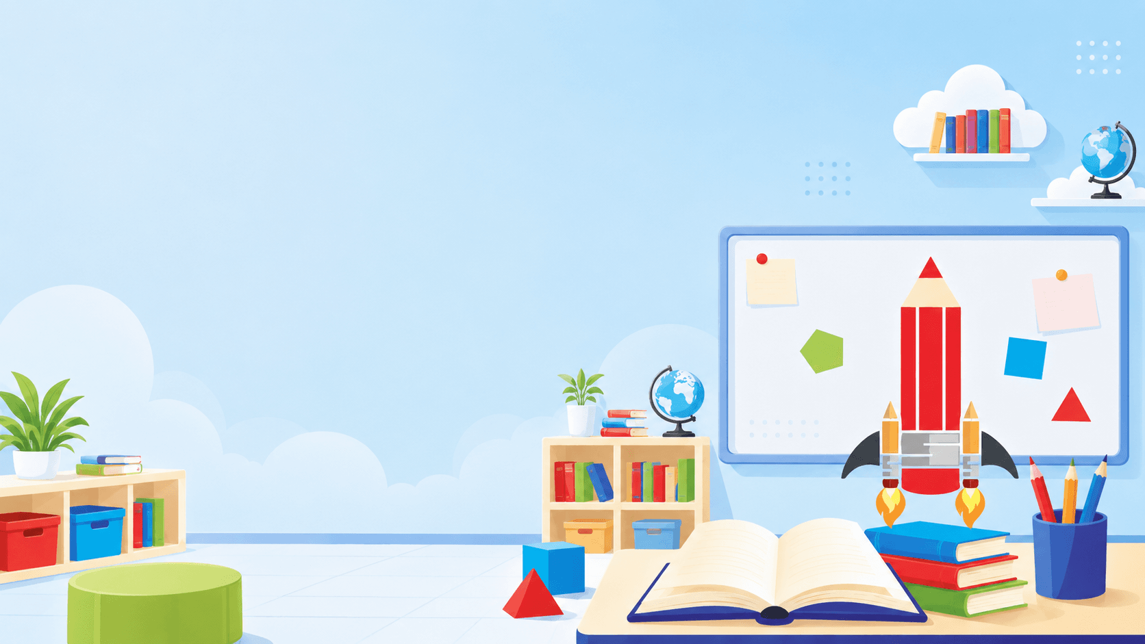 Ilustração de uma sala de aula com livros, globo e lápis-foguete